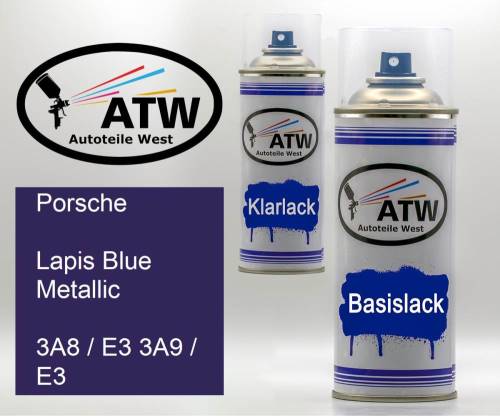 Porsche, Lapis Blue Metallic, 3A8 / E3 3A9 / E3: 400ml Sprühdose + 400ml Klarlack - Set, von ATW Autoteile West.